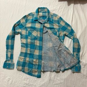 Woolrich Blue and Cream Plaid Flannel Button-Up Shirt 100% Cotton Small